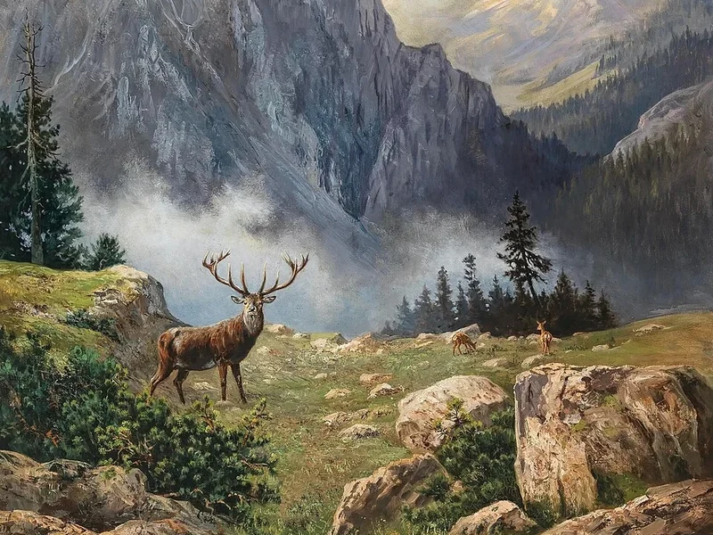 1870-Arthur Polzer-Hoditz - Un cervo a otto punte tra le montagne